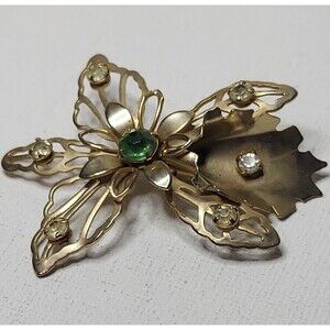 Vintage Floral Brooch Pin Green stone and 6 clear stones 2x2 1/4"